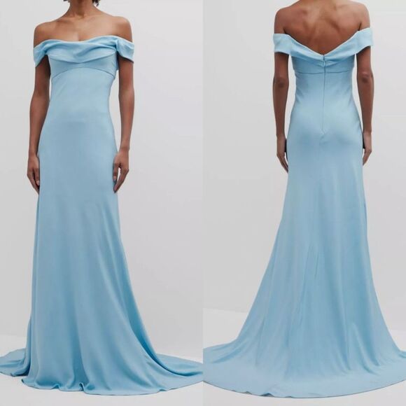 MONIQUE LHUILLIER Draped Off-the-shoulder Silk Gown In Sky Blue Size US12 $4795